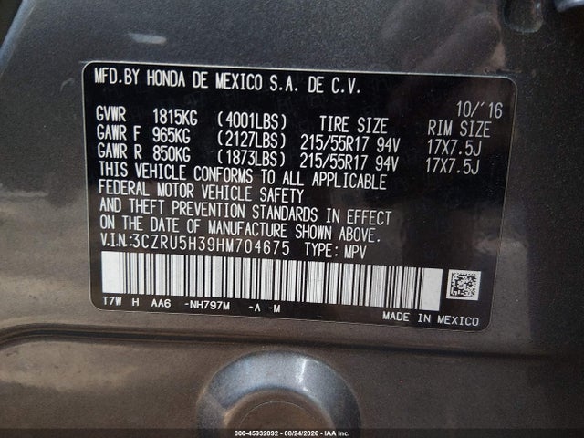 2017 Honda Hr-v Lx მანქანა იყიდება აუქციონზე, vin: 3CZRU5H39HM704675, აუქციონის ნომერი: 45932092