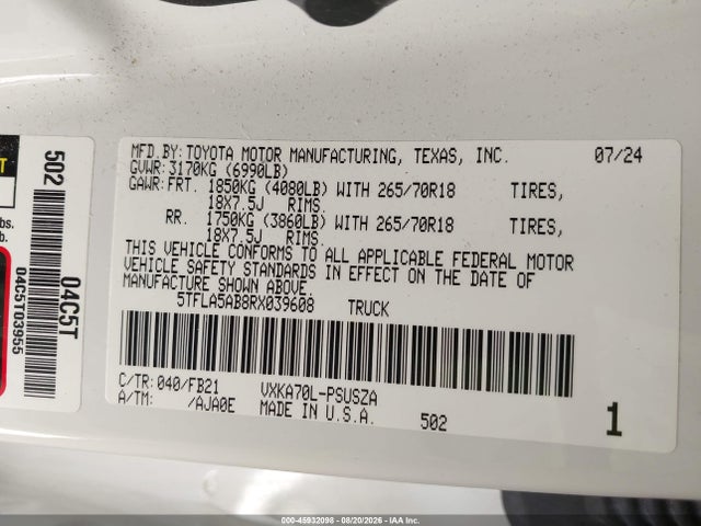 2024 Toyota Tundra Sr5 მანქანა იყიდება აუქციონზე, vin: 5TFLA5AB8RX039608, აუქციონის ნომერი: 45932098
