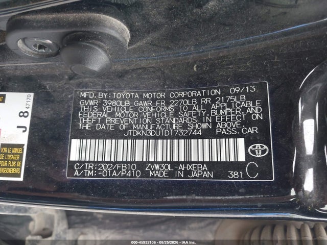 Aukcja sprzedaży 2013 Toyota Prius, vin: JTDKN3DU1D1732744, numer aukcji: 45932106