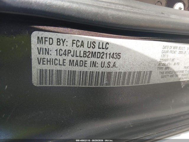 45932110 :رقم المزاد ، 1C4PJLLB2MD211435 vin ، 2021 Jeep Cherokee Latitude Plus Fwd مزاد بيع