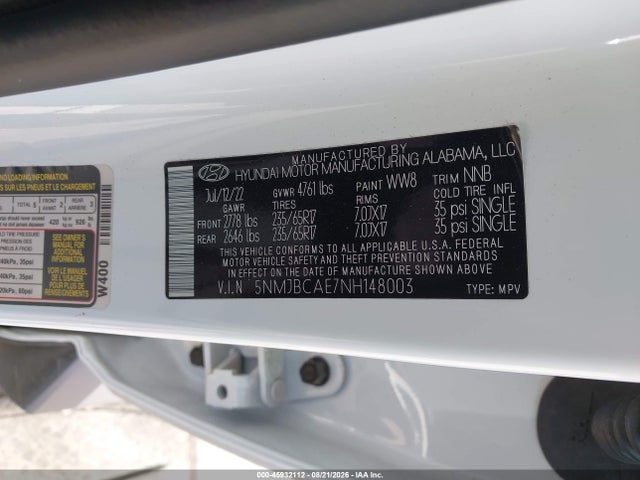 Продажа на аукционе авто 2022 Hyundai Tucson Sel, vin: 5NMJBCAE7NH148003, номер лота: 45932112