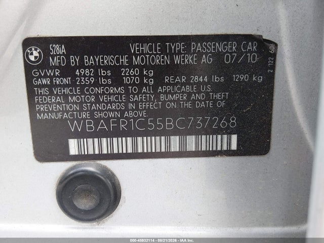Aukcja sprzedaży 2011 Bmw 528i, vin: WBAFR1C55BC737268, numer aukcji: 45932114