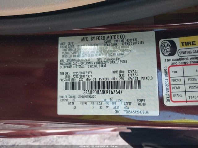 Продажа на аукционе авто 2012 Ford Fusion Se, vin: 3FAHP0HA8CR167647, номер лота: 45932127