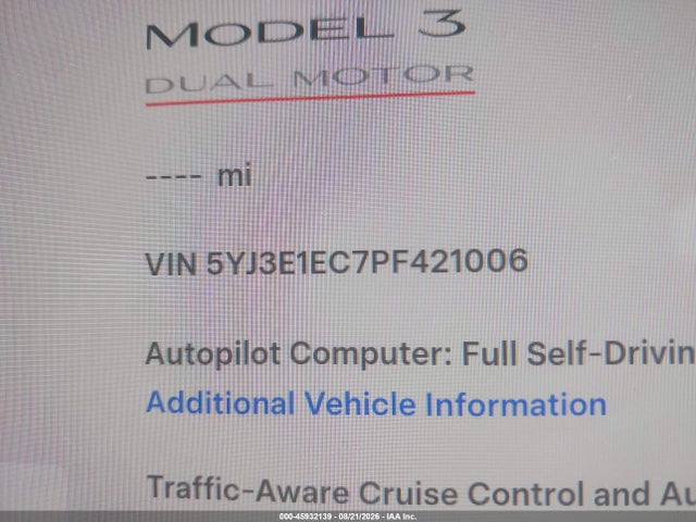 2023 Tesla Model 3 Performance Dual Motor All-wheel Drive მანქანა იყიდება აუქციონზე, vin: 5YJ3E1EC7PF421006, აუქციონის ნომერი: 45932139