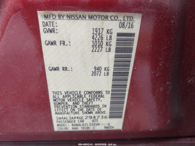 2016 Nissan Altima 2.5 Sl მანქანა იყიდება აუქციონზე, vin: 1N4AL3AP4GC294736, აუქციონის ნომერი: 45932141