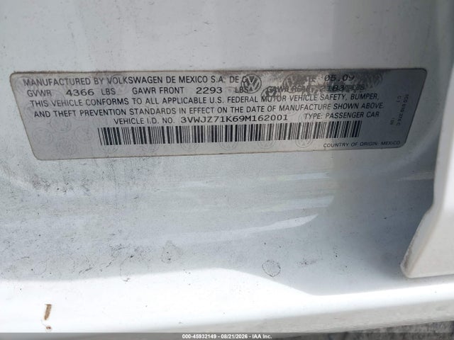 Aukcja sprzedaży 2009 Volkswagen Jetta S, vin: 3VWJZ71K69M162001, numer aukcji: 45932149