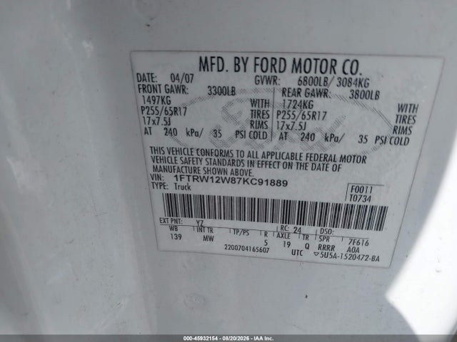 2007 Ford F-150 Xlt მანქანა იყიდება აუქციონზე, vin: 1FTRW12W87KC91889, აუქციონის ნომერი: 45932154