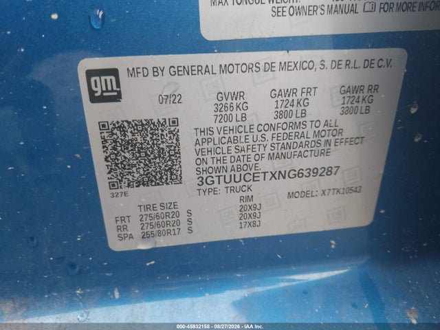 Aukcja sprzedaży 2022 Gmc Sierra 1500 4wd  Short Box Elevation, vin: 3GTUUCETXNG639287, numer aukcji: 45932158