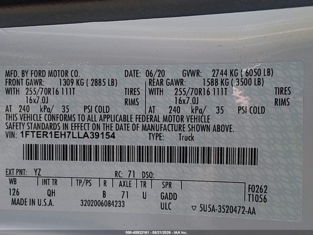 Ford RANGER XL 2020 1FTER1EH7LLA39154 Image 9