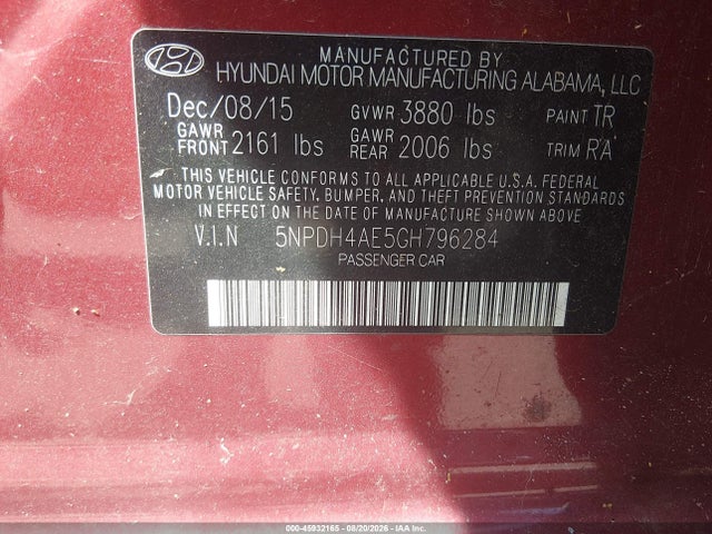 5NPDH4AE5GH796284 Hyundai ELANTRA SE