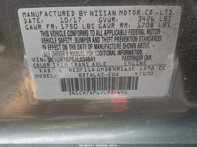 Aukcja sprzedaży 2018 Nissan Versa 1.6 S+, vin: 3N1CN7AP6JL834641, numer aukcji: 45932171