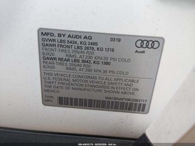 Aukcja sprzedaży 2019 Audi Q5 45 Premium, vin: WA1BNAFY9K2083717, numer aukcji: 45932179