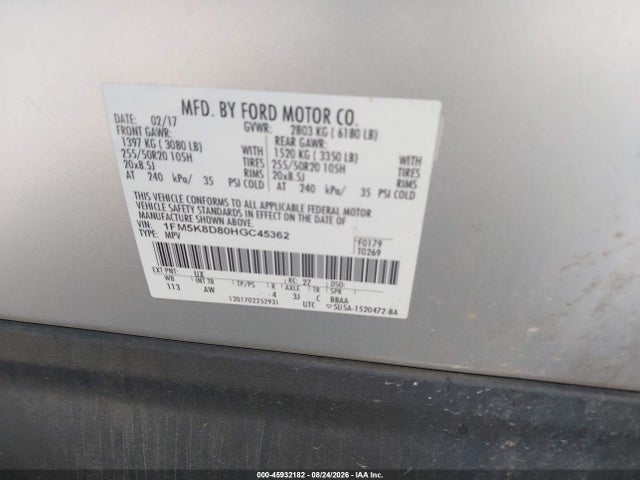 Продажа на аукционе авто 2017 Ford Explorer Xlt, vin: 1FM5K8D80HGC45362, номер лота: 45932182