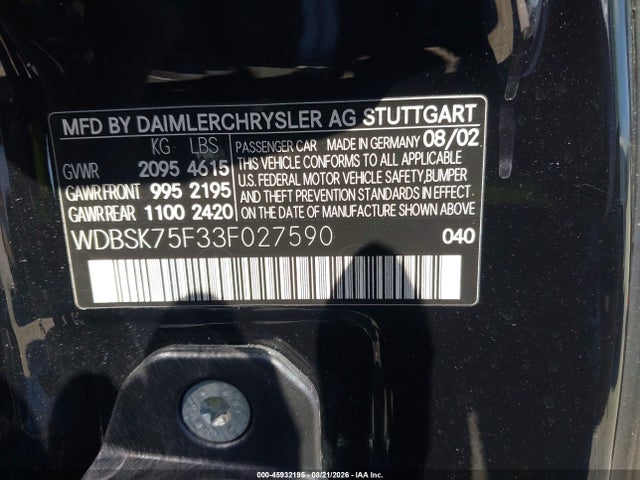 2003 Mercedes-benz Sl 500 მანქანა იყიდება აუქციონზე, vin: WDBSK75F33F027590, აუქციონის ნომერი: 45932195