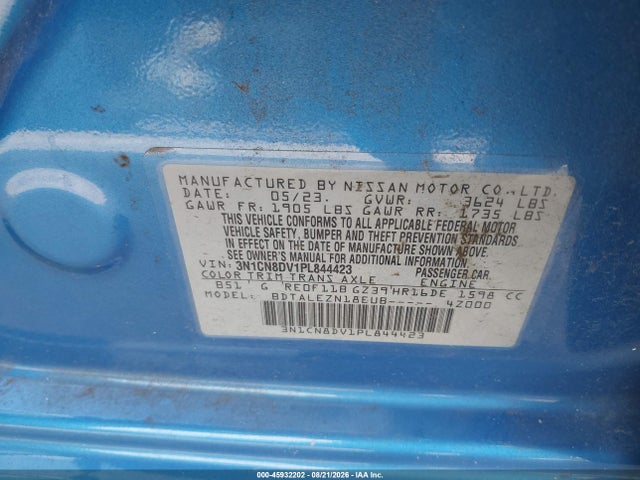Продажа на аукционе авто 2023 Nissan Versa 1.6 S Xtronic Cvt, vin: 3N1CN8DV1PL844423, номер лота: 45932202