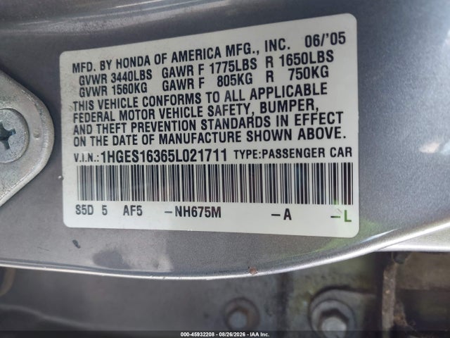 2005 Honda Civic Vp მანქანა იყიდება აუქციონზე, vin: 1HGES16365L021711, აუქციონის ნომერი: 45932208