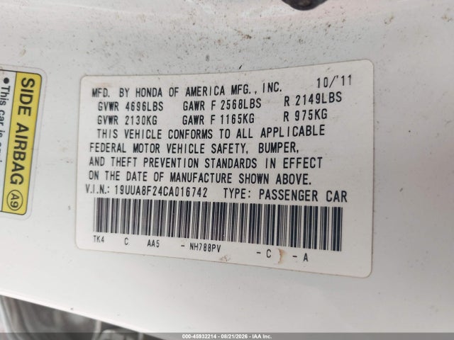 45932214 :رقم المزاد ، 19UUA8F24CA016742 vin ، 2012 Acura Tl 3.5 مزاد بيع