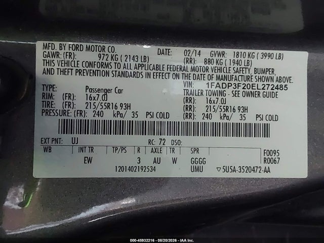 1FADP3F20EL272485 Ford FOCUS SE