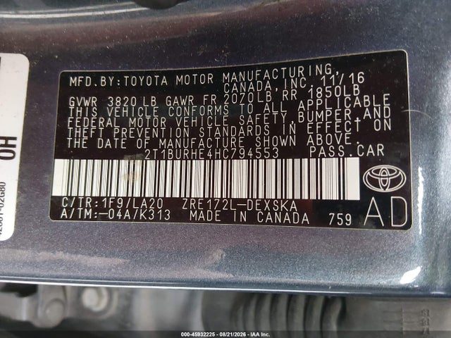 Aukcja sprzedaży 2017 Toyota Corolla Xse, vin: 2T1BURHE4HC794553, numer aukcji: 45932225