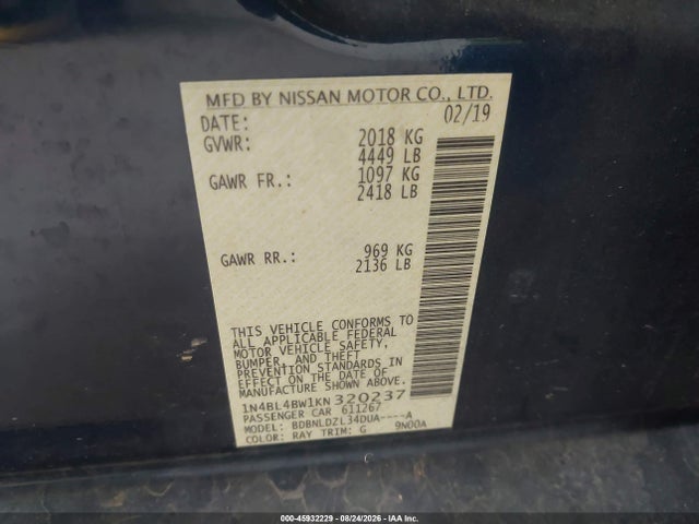 Продаж на аукціоні авто 2019 Nissan Altima 2.5 S, vin: 1N4BL4BW1KN320237, номер лоту: 45932229