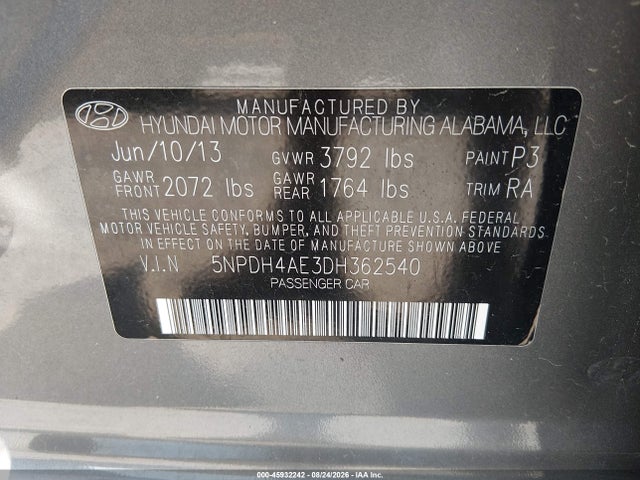 2013 Hyundai Elantra Gls მანქანა იყიდება აუქციონზე, vin: 5NPDH4AE3DH362540, აუქციონის ნომერი: 45932242
