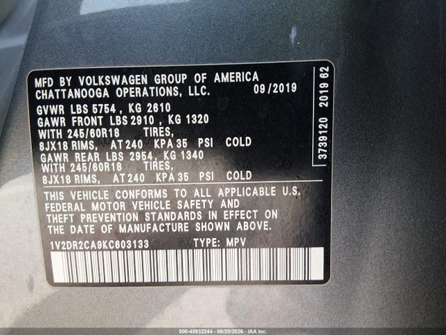 Aukcja sprzedaży 2019 Volkswagen Atlas 3.6l V6 Se, vin: 1V2DR2CA9KC603133, numer aukcji: 45932244