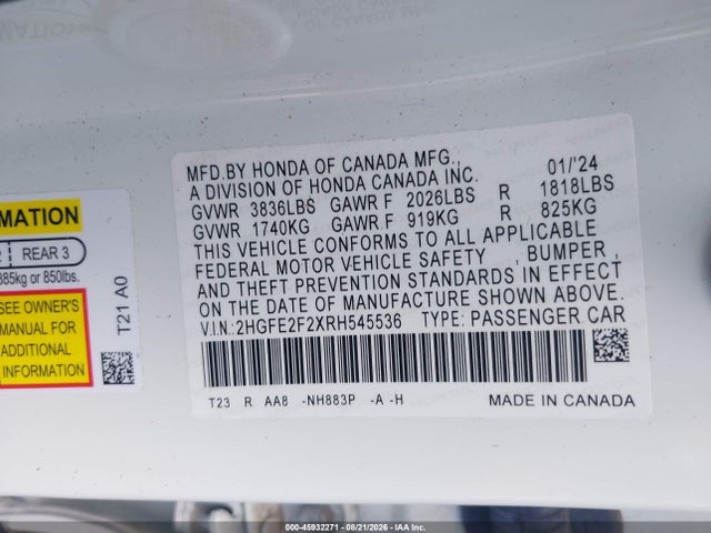 Продаж на аукціоні авто 2024 Honda Civic Lx, vin: 2HGFE2F2XRH545536, номер лоту: 45932271