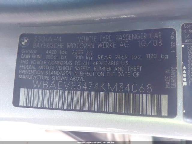 Продажа на аукционе авто 2004 Bmw 330i, vin: WBAEV53474KM34068, номер лота: 45932290