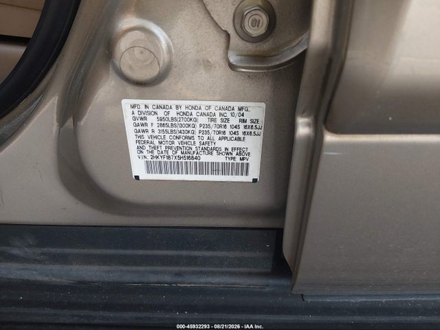 Продажа на аукционе авто 2005 Honda Pilot Ex-l, vin: 2HKYF187X5H516840, номер лота: 45932293