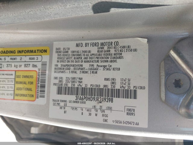 Ford FUSION SE 2018 3FA6P0HD9JR249398 Image 9
