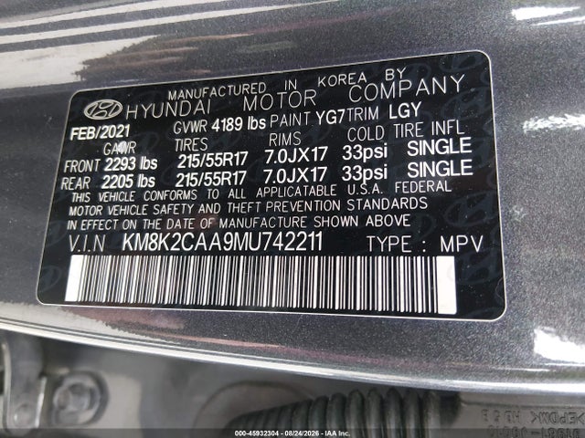 2021 Hyundai Kona Sel მანქანა იყიდება აუქციონზე, vin: KM8K2CAA9MU742211, აუქციონის ნომერი: 45932304
