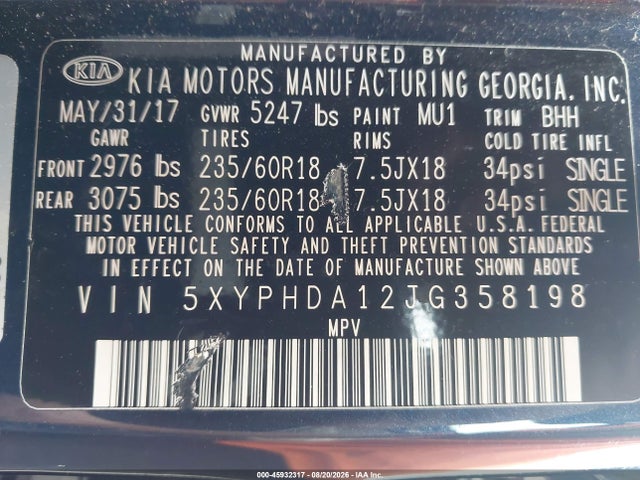 2018 Kia Sorento 2.0t Ex მანქანა იყიდება აუქციონზე, vin: 5XYPHDA12JG358198, აუქციონის ნომერი: 45932317