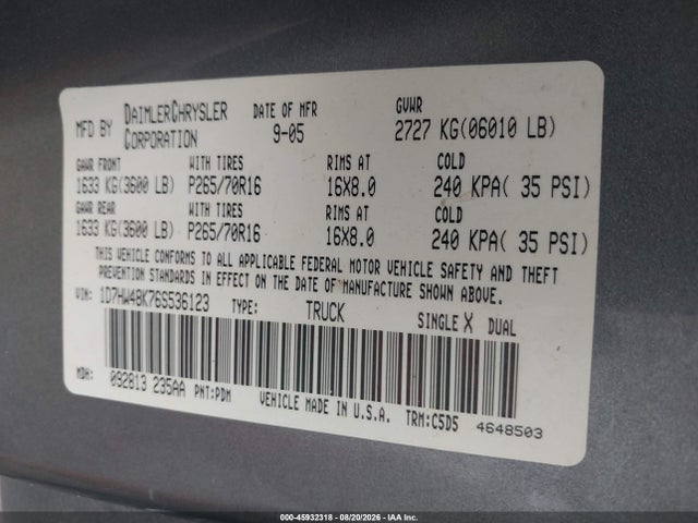 Aukcja sprzedaży 2006 Dodge Dakota Slt, vin: 1D7HW48K76S536123, numer aukcji: 45932318