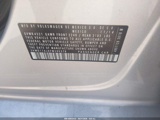 Продажа на аукционе авто 2015 Volkswagen Jetta 1.8t Se, vin: 3VWD17AJXFM265378, номер лота: 45932322
