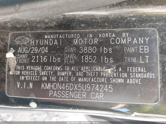 2005 Hyundai Elantra Gls/gt მანქანა იყიდება აუქციონზე, vin: KMHDN46DX5U974245, აუქციონის ნომერი: 45932325