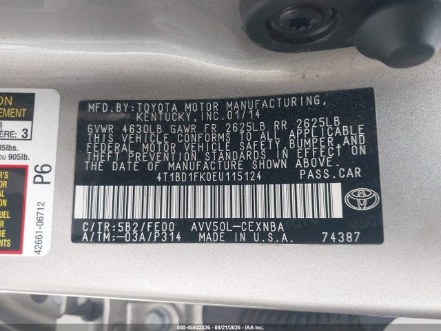 4T1BD1FK0EU115124 Toyota Camry Hybrid Le
