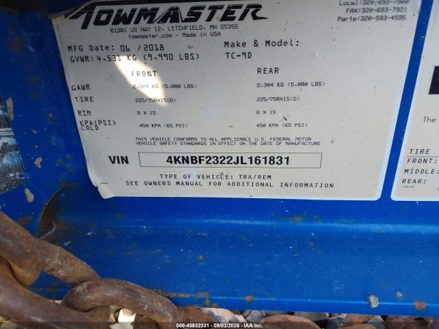 2018 Towmaster Trailers Unknown მანქანა იყიდება აუქციონზე, vin: 4KNBF2322JL161831, აუქციონის ნომერი: 45932331
