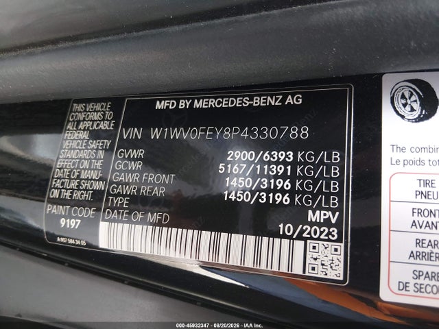 45932347 :رقم المزاد ، W1WV0FEY8P4330788 vin ، 2023 Mercedes-benz Metris مزاد بيع