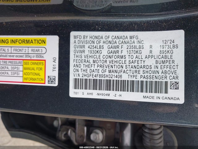 2HGFE4F89SH321406 Honda Civic Hybrid Sport/sport Touring