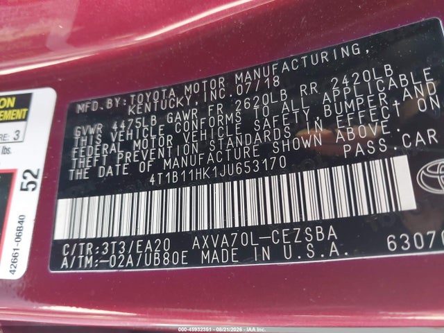 4T1B11HK1JU653170 Toyota CAMRY SE