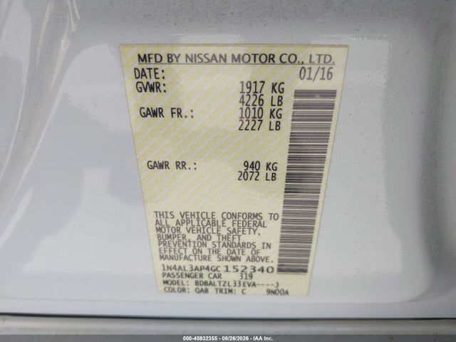 45932355 :رقم المزاد ، 1N4AL3AP4GC152340 vin ، 2016 Nissan Altima 2.5 Sl مزاد بيع