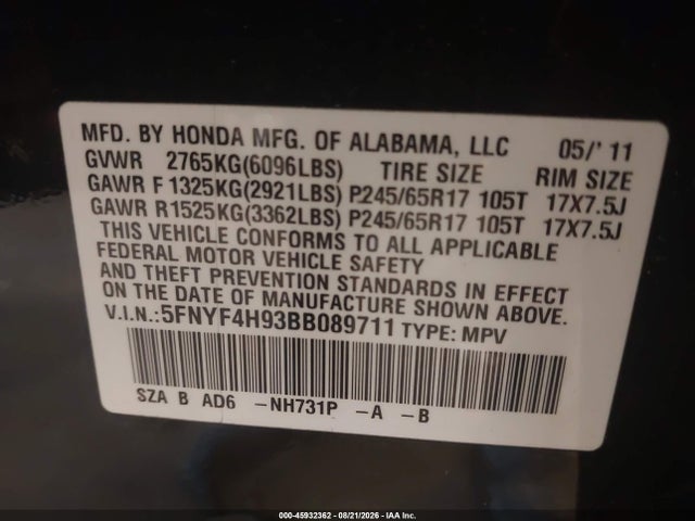 Aukcja sprzedaży 2011 Honda Pilot Touring, vin: 5FNYF4H93BB089711, numer aukcji: 45932362