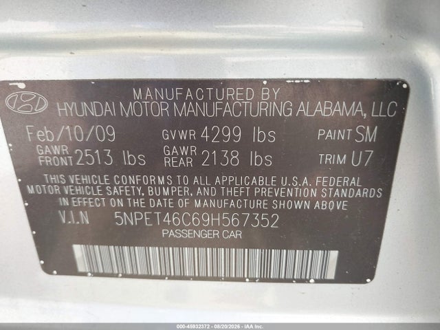 Продаж на аукціоні авто 2009 Hyundai Sonata Gls, vin: 5NPET46C69H567352, номер лоту: 45932372