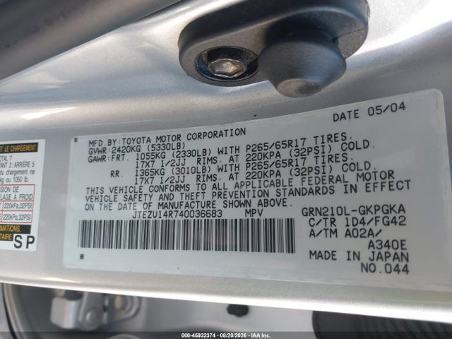 45932374 :رقم المزاد ، JTEZU14R740036683 vin ، 2004 Toyota 4runner Sr5 Sport V6/sr5 V6 مزاد بيع