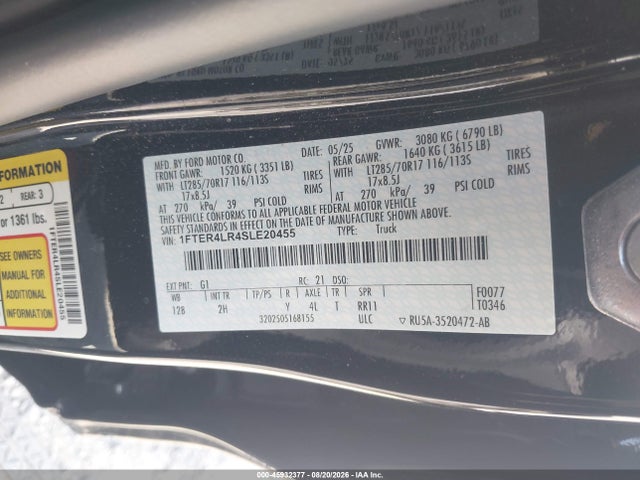 Продажа на аукционе авто 2025 Ford Ranger Raptor, vin: 1FTER4LR4SLE20455, номер лота: 45932377