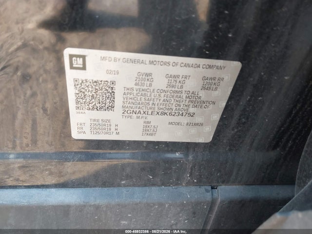 45932386 :رقم المزاد ، 2GNAXLEX8K6234752 vin ، 2019 Chevrolet Equinox Lt مزاد بيع