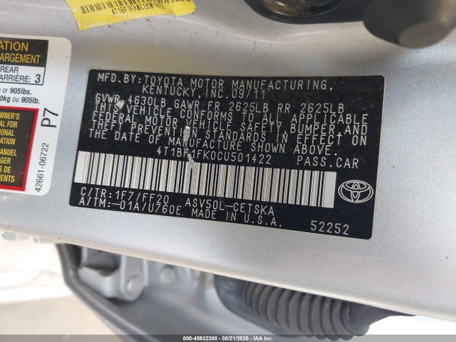 45932388 :رقم المزاد ، 4T1BF1FK0CU501422 vin ، 2012 Toyota Camry Se مزاد بيع
