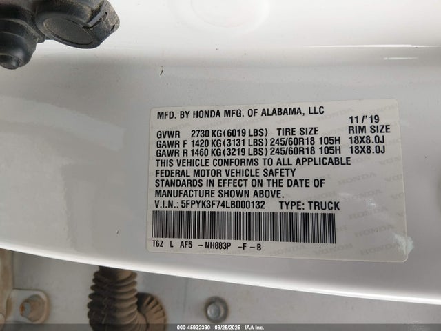 Продаж на аукціоні авто 2020 Honda Ridgeline Rtl-e, vin: 5FPYK3F74LB000132, номер лоту: 45932390