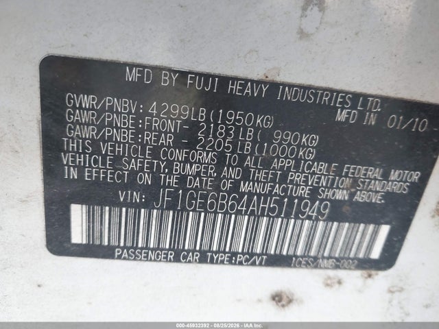 45932392 :رقم المزاد ، JF1GE6B64AH511949 vin ، 2010 Subaru Impreza 2.5i Premium مزاد بيع