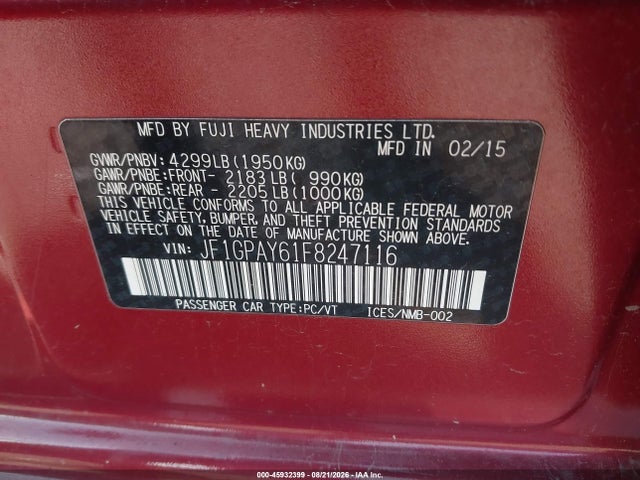 Aukcja sprzedaży 2015 Subaru Impreza Sport, vin: JF1GPAY61F8247116, numer aukcji: 45932399